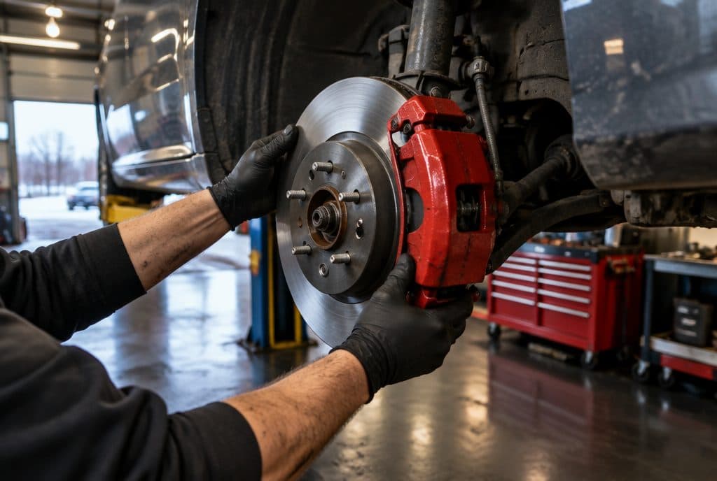 New brake rotor and caliper installed on a car
