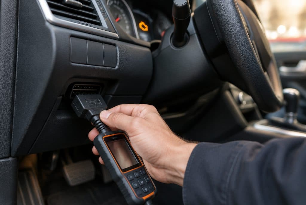 Diagnostic scanner plugged into a car's OBD port